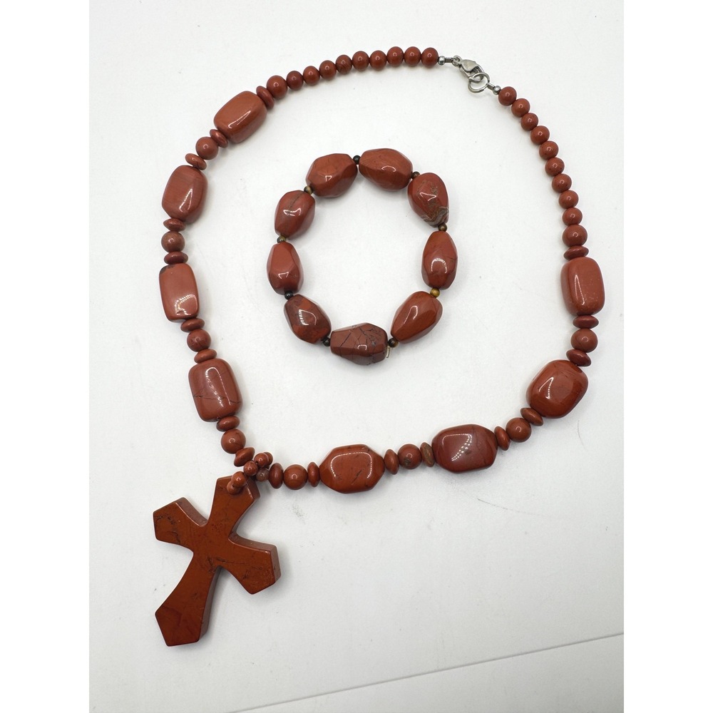 Red Jasper Stone Cross Pendant Necklace and Stretch Bracelet Jewelry Set